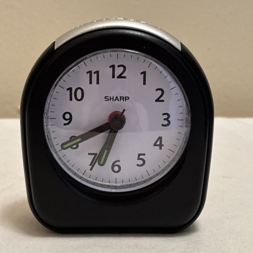 Sharp Black Travel Alarm Clock Model SPC844 Glow In The Dark Hands Analog Dome